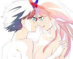  1girl bangs black_hair blue_eyes blue_horns breasts couple crying crying_with_eyes_open darling_in_the_franxx eyebrows_visible_through_hair face-to-face facing_another forehead-to-forehead green_eyes hetero hiro_(darling_in_the_franxx) holding_hands horns interlocked_fingers long_hair looking_at_another medium_breasts o0str0o oni_horns pink_hair red_horns shirtless signature spoilers tears zero_two_(darling_in_the_franxx) 