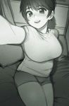  arm_support bad_id bad_pixiv_id bangs bed breasts chromatic_aberration commentary cowboy_shot dark eyebrows_visible_through_hair film_grain foreshortening greyscale idolmaster idolmaster_cinderella_girls indoors large_breasts lips looking_at_viewer monochrome oikawa_shizuku on_bed perspective pillow reaching_out recording self_shot shirt short_hair short_shorts shorts sitting smile solo t-shirt thick_eyebrows thighs thomas_hewitt upper_teeth 