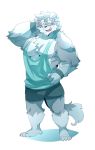  anthro biceps big_muscles canine chest_tuft clothing dog fur joey_(kokuhane) kokuhane male mammal muscular muscular_male pecs scar shirt shorts simple_background tank_top tuft white_background wolf wristband 