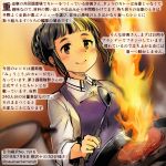  apron black_hair brown_eyes colored_pencil_(medium) commentary_request cooking dated fire food frying_pan holding kantai_collection kirisawa_juuzou long_sleeves meat myoukou_(kantai_collection) numbered purple_apron shirt short_hair smile solo traditional_media translation_request twitter_username white_shirt 