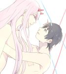  1girl bangs black_hair blue_eyes blue_horns breasts commentary_request couple darling_in_the_franxx green_eyes hetero hiro_(darling_in_the_franxx) horns long_hair looking_at_another medium_breasts oni_horns pink_hair red_horns shirtless t_r_15 zero_two_(darling_in_the_franxx) 