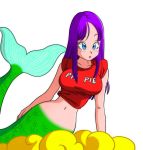  1girl bare_arms blue_eyes blush breasts cloud dragon_ball highres large_breasts long_hair looking_at_viewer mermaid navel on_cloud parted_lips purple_hair red_shirt shirt simple_background sitting sitting_on_cloud sleeves_rolled_up solo standing transparent_background yamamoto_doujin 
