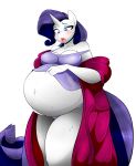  2018 absurd_res anthro belly big_belly blue_eyes blush clothed clothing clothing_lift equine female friendship_is_magic fur hair hand_on_stomach hi_res horn in_heat mammal my_little_pony navel pregnant purple_hair rarity_(mlp) robe shirt shirt_lift simple_background sweat unicorn vale-city white_background white_fur 