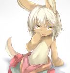  :d animal_ears arm_behind_back arm_support bangs bunny_ears claws eyebrows_visible_through_hair fang furry hand_on_own_face looking_at_viewer made_in_abyss nanachi_(made_in_abyss) navel neko_pachi open_mouth red_pupils short_hair smile solo tail topless whiskers white_hair yellow_eyes 