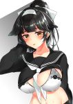  absurdres alternate_costume animal_ears arm_at_side azur_lane bangs black_hair black_sailor_collar black_serafuku black_shirt black_skirt blunt_bangs blush bow bra breasts brown_eyes buta_tamako collarbone dog_ears extra_ears eyebrows_visible_through_hair groin hair_bow hair_ears hair_flaps hair_ornament hairband hand_to_head hand_up highres large_breasts long_hair long_sleeves looking_at_viewer mole mole_under_eye navel neckerchief open_mouth ponytail sailor_collar school_uniform serafuku shiny shiny_skin shirt shirt_lift skirt smile solo stomach sweat takao_(azur_lane) tongue underwear uniform upper_body white_background white_bow white_bra white_hairband white_neckwear yellow_eyes 
