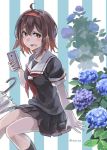 :d ahoge black_serafuku black_skirt blush brown_eyes brown_hair cellphone collarbone commentary cowboy_shot eyebrows_visible_through_hair flower hair_between_eyes headband holding holding_phone hydrangea kantai_collection leaf looking_at_viewer neckerchief open_mouth phone pleated_skirt red_neckwear sailor_collar school_uniform serafuku shiratsuyu_(kantai_collection) short_hair short_sleeves sitting skirt smartphone smile solo striped striped_background sugue_tettou twitter_username two-tone_background umbrella white_sailor_collar 