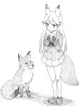  2015 ambiguous_gender animal_humanoid biped black_and_white bow_tie canine cheek_tuft clothing digital_drawing_(artwork) digital_media_(artwork) dipstick_ears dipstick_tail duo ezo_red_fox_(kemono_friends) female feral food footwear fox fox_humanoid full-length_portrait fur gloves hair hatching_(technique) holding_food holding_object humanoid humanoid_hands inner_ear_fluff jacket japanese kemono_friends kurageto larger_female long_hair looking_at_another looking_down looking_up low_res mammal monochrome multicolored_tail open_mouth pleated_skirt portrait red_fox shadow shoes simple_background sitting size_difference skirt smaller_ambiguous smile snout standing tuft white_background 