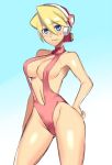 alia_(rockman) blonde_hair blue_background blue_eyes blush breasts casual_one-piece_swimsuit cleavage commentary cowboy_shot eyebrows_visible_through_hair gradient gradient_background hair_between_eyes hand_on_hip highleg highleg_swimsuit hips large_breasts legs_apart looking_at_viewer one-piece_swimsuit red_swimsuit rockman rockman_x sideboob smile solo standing swimsuit ukimukai 