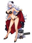  azur_lane bangs bikini black_bikini breasts cape chibi cleavage closed_mouth collarbone commentary_request dual_persona flower fur-trimmed_cape fur_trim graf_zeppelin_(azur_lane) hair_between_eyes hair_flower hair_ornament highres hips large_breasts legs long_hair looking_at_viewer mephist-pheles multi-strapped_bikini multiple_girls navel red_eyes silver_hair swimsuit thighs very_long_hair 