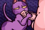  ahegao animal_crossing balls bob_(animal_crossing) feline fellatio fur human leaning leaning_forward looking_pleasured male male/male mammal nintendo nude oral pattern_background penis purple_background purple_fur raised_tail rear_up salamikii sex simple_background video_games yellow_eyes 