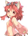  :d animal_ears bangs bare_shoulders breasts cat_ears claws eyebrows_visible_through_hair fur goggles goggles_on_head hair_between_eyes looking_at_viewer made_in_abyss medium_hair mitty_(made_in_abyss) mitty_(made_in_abyss)_(furry) navel neko_pachi nipples open_mouth pink_pupils red_eyes red_hair round_teeth simple_background small_breasts smile solo teeth topless upper_body what_if whiskers white_background 