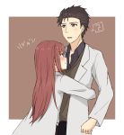  1girl ? black_hair black_shirt blush brown_background brown_eyes collared_shirt cowboy_shot dress_shirt emoticon facial_hair height_difference hug labcoat long_hair looking_at_another makise_kurisu messy_hair okabe_rintarou open_mouth pout purple_eyes red_hair shirt short_hair simple_background spoken_question_mark steins;gate stubble sweatdrop two-tone_background vest white_background yugure 