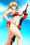  aestus_estus ahoge bikini blonde_hair breasts covered_nipples criss-cross_halter fate/grand_order fate_(series) green_eyes halterneck hand_on_hip highres large_breasts long_hair nero_claudius_(fate)_(all) nero_claudius_(swimsuit_caster)_(fate) red_bikini side-tie_bikini smile solo striped striped_bikini swimsuit sword twintails weapon zantyarz 