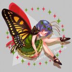  antennae bangs bare_arms black_footwear blue_hair bright_pupils butterfly_wings character_name closed_mouth dress eternity_larva fairy full_body green_dress hair_ornament highres leaf leaf_hair_ornament looking_at_viewer masanaga_(tsukasa) orange_eyes shoes short_hair silhouette smile solo touhou typo white_pupils wings yellow_wings 