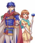  1girl blue_eyes blue_hair brother_and_sister brown_hair cloak elbow_gloves fingerless_gloves fire_emblem fire_emblem:_souen_no_kiseki gauntlets gloves green_eyes headband holding holding_staff holding_sword holding_weapon ike looking_at_viewer mist_(fire_emblem) rere_(yusuke) siblings simple_background smile staff sword torn_clothes torn_sleeves weapon white_background 