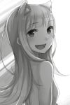  :d animal_ears ayakura_juu bangs blunt_bangs breasts eyebrows_visible_through_hair fang greyscale highres long_hair looking_at_viewer looking_back monochrome myuri_(spice_and_wolf) non-web_source novel_illustration nude official_art open_mouth shiny shiny_hair sideboob simple_background small_breasts smile solo spice_and_wolf upper_body white_background wolf_ears 