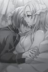  1girl abec administrator_(sao) bed_sheet breasts eugeo greyscale hair_between_eyes highres holding_hands interlocked_fingers large_breasts long_hair monochrome non-web_source novel_illustration official_art parted_lips shiny shiny_skin sideboob spoilers sword_art_online thighhighs 