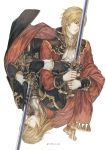  aless_(fire_emblem) bangs black_cape black_coat blonde_hair cape closed_eyes coat cravat eltoshan_(fire_emblem) european_clothes father_and_son fire_emblem fire_emblem:_seisen_no_keifu fire_emblem_heroes holding holding_sword holding_weapon long_hair lucia_(biblyoteka) male_focus medium_hair multiple_boys mystletainn red_coat sash sidelocks simple_background sword weapon yellow_eyes 