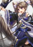  :d bangs blue_legwear brown_hair detached_sleeves eyebrows_visible_through_hair floating_hair grey_background hair_ornament holding horse long_hair open_mouth purple_eyes riding sengoku_taisen shiny shiny_hair simple_background smile solo swept_bangs thighhighs twintails very_long_hair yasu_(yossy) 