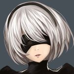  artist_name black_hairband covered_eyes grey_background hairband lucky_keai mole mole_under_mouth nier_(series) nier_automata open_mouth portrait short_hair silver_hair simple_background solo yorha_no._2_type_b 