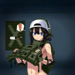  1girl bandaid bandaid_on_face baseball_cap black_hair blue_eyes braid elbow_pads fingerless_gloves gloves hat headset highres load_bearing_vest looking_at_viewer military mk001black naked_vest original peeping rainbow_six_siege self_upload soldier solo twin_braids vest 