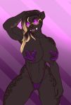  2018 abs anthro areola biceps big_breasts black_fur breasts castbound clothing eyewear fangs feline female fur glasses highlights looking_at_viewer mammal muscular muscular_female nipple_tape panther pasties pose solo standing tape thong tongue tongue_out wide_hips 