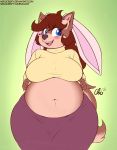  anthro belly big_belly big_breasts blue_eyes blush breasts brown_fur brown_hair canine clothing deep_navel digital_media_(artwork) dog fake_ears fake_rabbit_ears fangs female fupa fur hair mammal mary_blissany midriff navel nekocrispy overweight overweight_female skirt smile solo sweater wide_hips 