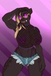  2018 abs anthro areola biceps big_breasts black_fur breasts castbound clothing eyewear fangs feline female fishnet fur glasses highlights jeans looking_at_viewer mammal muscular muscular_female nipple_tape panther pants pasties pose shorts solo standing tape thong tongue tongue_out wide_hips 