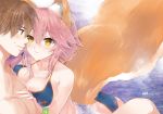  1girl animal_ear_fluff animal_ears ass bikini blue_bikini blush breast_press breasts brown_eyes brown_hair cleavage collarbone fate/extella fate/extella_link fate/extra fate_(series) fox_ears fox_tail hetero in_water inu_neko_inu kishinami_hakuno_(male) large_breasts pink_hair side-tie_bikini sweat swimsuit tail tamamo_(fate)_(all) tamamo_no_mae_(swimsuit_lancer)_(fate) yellow_eyes 