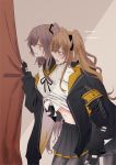  blush brown_hair commentary_request curtain_grab curtains girls_frontline grey_hair groping hand_under_clothes hand_under_shirt incest jacket monokuro_(sekahate) multiple_girls pantyhose scar scar_across_eye shirt twintails ump45_(girls_frontline) ump9_(girls_frontline) yuri 