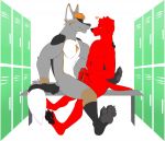  ahzi anthro black_nose blush canine chest_tuft digital_media_(artwork) dog duo erection frottage fur hair handjob humanoid_penis jon_(redtwin) kasyl_(fursona) locker_room male male/male mammal nude penis sex simple_background smile tuft wolf 