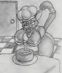  2018 anthro apron areola big_breasts black_and_white bottomless breasts cake cat checkered_floor chef_hat clothed clothing croissant_(plaga) door elzo-ouo feline female food frosting hat holding_object kitchen mammal monochrome mostly_nude nipples noseless one_eye_closed pastry_bag plate pointy_ears sketch slit_pupils smile thick_thighs tongue tongue_out traditional_media_(artwork) voluptuous wide_hips 