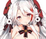  adapted_costume antenna_hair azur_lane bangs bare_shoulders blush breasts bridal_gauntlets bridal_veil choker collarbone commentary dress eyebrows_visible_through_hair finger_to_mouth flower gloves hair_between_eyes hair_flower hair_ornament head_tilt headgear large_breasts long_hair looking_at_viewer mole mole_on_breast multicolored_hair mutou_(94753939) parted_lips prinz_eugen_(azur_lane) red_hair sidelocks silver_hair smile solo streaked_hair swept_bangs two_side_up veil very_long_hair wedding_dress white_dress white_gloves work_in_progress 