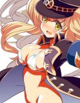  9law bangs blonde_hair breasts cleavage commentary_request granblue_fantasy green_eyes hat large_breasts long_hair long_sleeves monica_weisswind navel open_mouth peaked_cap solo swimsuit twintails 