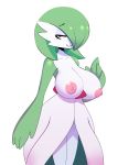  4_fingers absurd_res areola bangs big_breasts breasts cheek_tuft clothing dress female front_view gardevoir green_hair green_skin hair hair_over_eye half-closed_eyes hi_res light_skin multicolored_skin nintendo nipples noseless pale_skin pink_nipples pok&eacute;mon pok&eacute;mon_(species) presenting presenting_breasts pseudo_clothing simple_background smile smirk smug solo somescrub tuft video_games white_background white_skin 
