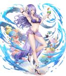  arm_behind_head arm_up armpits bare_shoulders bikini breasts camilla_(fire_emblem_if) cleavage clownfish collarbone coral cup drinking_glass fingernails fire_emblem fire_emblem_heroes fire_emblem_if fish floral_print flower food fruit full_body hair_flower hair_ornament hair_over_one_eye hibiscus high_heels highres holding jewelry large_breasts long_hair mikurou_(nayuta) nail_polish navel official_art open_mouth open_toe_shoes purple_eyes purple_hair sandals sarong seashell shell shiny shiny_hair smile solo swimsuit toes transparent_background water 