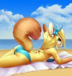  2018 beach beach_towel bikini blonde_hair blue_bikini book butterfly_clip canine clothing dannyckoo female fennec fox hair hairclip kaiyonato lying mammal reading seaside swimsuit towel 