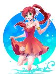  armlet check_commentary commentary_request dress green_eyes highres iesupa long_hair ponytail pyrrha_nikos red_dress red_hair ribbon rwby solo water white_ribbon 