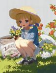  angel angel_wings blonde_hair blue_eyes blush dirty_clothes flower full_body garden great_kichi halo hat low_wings misty_sheikh open_mouth pointy_ears pop-up_story shoes short_hair smile sneakers sun_hat wings 