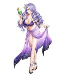  bare_shoulders bikini breasts camilla_(fire_emblem_if) cleavage collarbone cup drinking_glass fingernails fire_emblem fire_emblem_heroes fire_emblem_if floral_print flower food fruit full_body hair_flower hair_ornament hair_over_one_eye hibiscus high_heels highres holding jewelry large_breasts lips long_hair long_legs looking_at_viewer mikurou_(nayuta) nail_polish navel official_art open_toe_shoes orange orange_slice parted_lips purple_eyes purple_hair sandals sarong shiny shiny_hair shiny_skin smile solo standing swimsuit toes transparent_background 