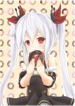  azur_lane bangs bare_shoulders belt belt_buckle black_dress blush bow buckle commentary detached_collar detached_sleeves doughnut dress eyebrows_visible_through_hair fang food hair_between_eyes hair_ribbon hands_up highres holding holding_food long_hair looking_at_viewer maru_shion parted_lips red_bow red_eyes red_ribbon ribbon short_sleeves sidelocks silver_hair solo twintails vampire_(azur_lane) very_long_hair white_belt white_collar 