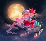  ascot black_footwear blonde_hair bloomers bobby_socks bright_pupils closed_mouth cloud dress flandre_scarlet flying frilled_dress frills full_body full_moon hat hat_ribbon highres masanaga_(tsukasa) mob_cap moon night night_sky orange_eyes outdoors puffy_short_sleeves puffy_sleeves red_dress red_ribbon ribbon shoes short_hair short_sleeves side_ponytail sky smile socks solo touhou underwear white_hat white_legwear white_neckwear white_pupils wings wristband 