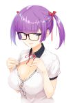  black-framed_eyewear blue_eyes blush bow bowtie breasts cleavage glasses hair_ribbon large_breasts looking_at_viewer maeda_risou original purple_hair ribbon shirt short_hair short_twintails simple_background solo twintails unbuttoned white_background white_shirt 