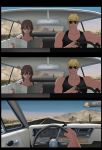  1girl black_shirt car comic dark_skin desert driving ground_vehicle highres indoors mk001black motor_vehicle original pov reading rear-view_mirror road self_upload shirt silent_comic sleeveless sunglasses tank_top vacation 