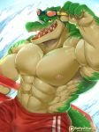  abs anthro areola bulge clothed clothing crocodile crocodilian erection eyewear goggles green_skin holding_object league_of_legends looking_at_viewer male mammal multicolored_skin muscular muscular_male patreon pecs renekton reptile riot_games scalie simple_background smile sollyz solo teeth tongue topless video_games white_background 