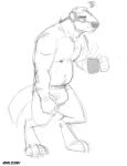  anthro badger beverage bulge clothing coffee cup digitigrade greyscale kihu male mammal monochrome muscular muscular_male mustelid navel nipples pecs simple_background solo standing underwear white_background 