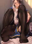  black_legwear blue_dress boots boots_removed brown_eyes brown_hair bun_cover chun-li commentary_request double_bun dress feet footwear_removed foreshortening highres holding_boots maku_(l-u) pantyhose pov_feet sitting soles street_fighter sweat white_footwear 