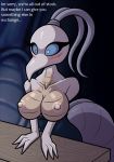  3_fingers arthropod big_breasts blue_eyes blue_sclera blush breasts english_text female hollow_knight insect iselda_(hollow_knight) kurtassclear nipples ponytail presenting presenting_breasts solo text white_areola white_nipples 