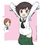  /\/\/\ akiyama_yukari arms_up bangs black_neckwear blouse brown_eyes brown_hair commentary cowboy_shot cropped_torso directional_arrow english_commentary eyebrows_visible_through_hair fankupl girls_und_panzer green_skirt highres long_sleeves looking_to_the_side messy_hair miniskirt neckerchief nishizumi_miho ooarai_school_uniform open_mouth outside_border oversized_clothes pink_background pleated_skirt school_uniform serafuku skirt skirt_pull sleeves_past_wrists smile standing surprised wardrobe_malfunction white_blouse younger 