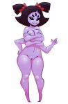  5_eyes 5_fingers 6_arms absurd_res anthro arachnid arthropod black_eyes black_hair breasts female front_view full-length_portrait hair hand_on_hip hi_res humanoid_hands muffet multi_arm multi_eye multi_limb navel nipples noseless nude pigtails portrait purple_nipples purple_skin pussy simple_background small_breasts smile solo somescrub spider undertale video_games white_background 
